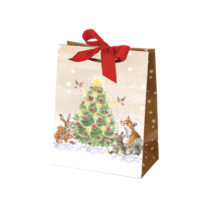 Wrendale Geschenktüte Weihnachten groß, Motiv Schneemann und Waldtiere, zum zu binden, H 30 cm