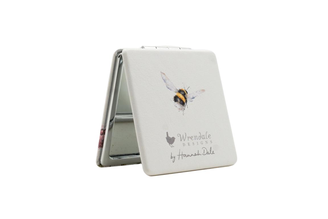 Wrendale Taschenspiegel zum klappen in Geschenkschachtel, Motiv Hummel fliegt über Blumenfeld,hellgrau,7x7cm