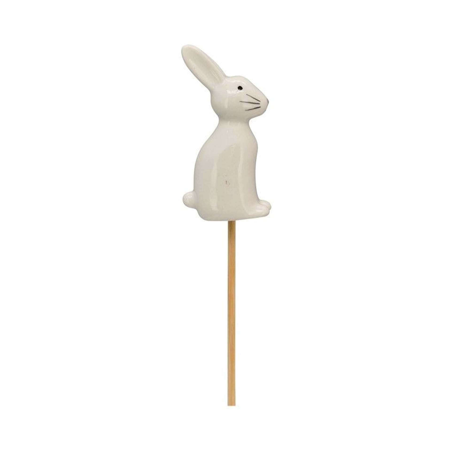 Kleiner Hase aus Keramik auf Holzstäbchen, 3,5 x 2 x 7 cm Weiß