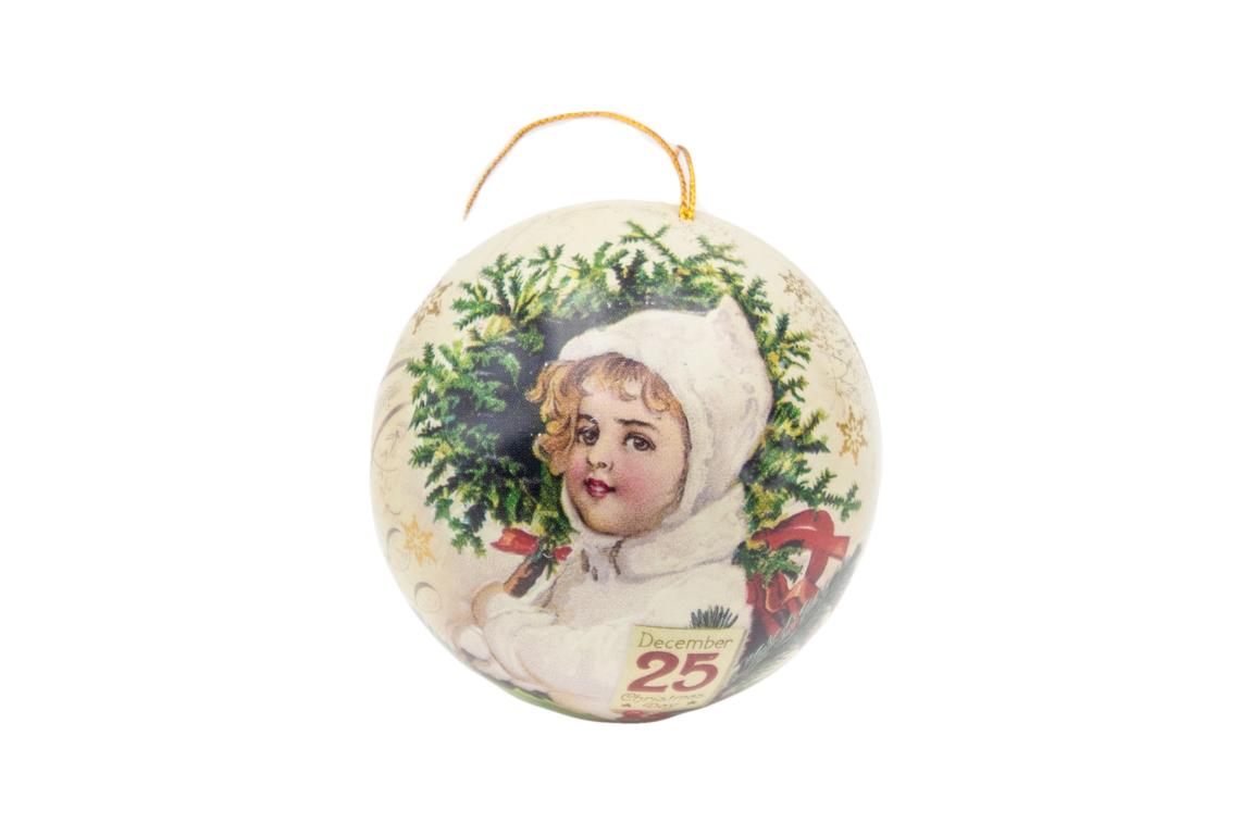 Blechkugel zum befüllen und aufhängen, beige, Motiv kleines Mädchen mit weißer Mütze/ Winterlandschaft, D 7 cm
