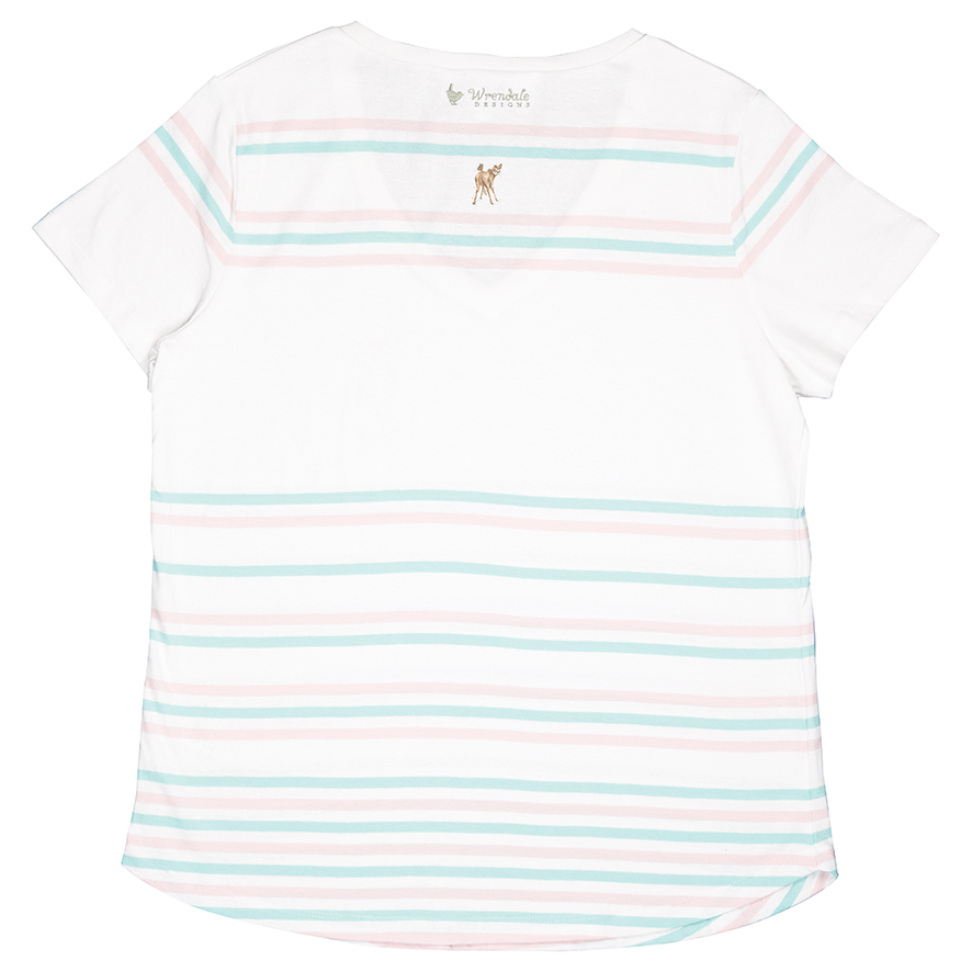 Wrendale T-Shirt, weiß mit Streifen in mint und rosa, Motiv Kälbchen mit Schmetterling, Extra Large