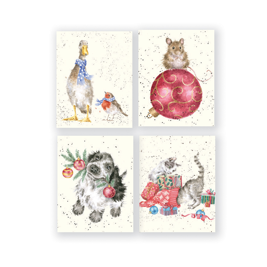 Wrendale weihnachtliches Mini-Karten Set, in Box, 16 Karten, 4 verschiedene Motive Maus/Ente/Hund/Katzen, 10x5cm
