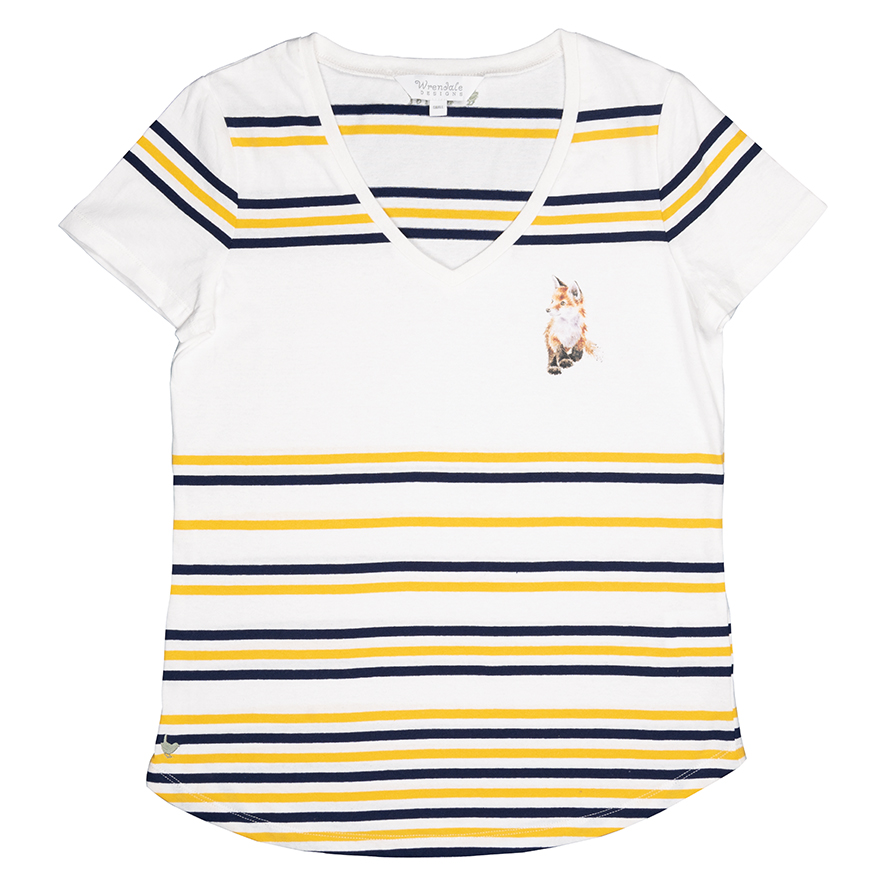 Wrendale T-Shirt, weiß mit Streifen in gelb und dunkelblau, Motiv Hundewelpe mit Leine im Maul, Large