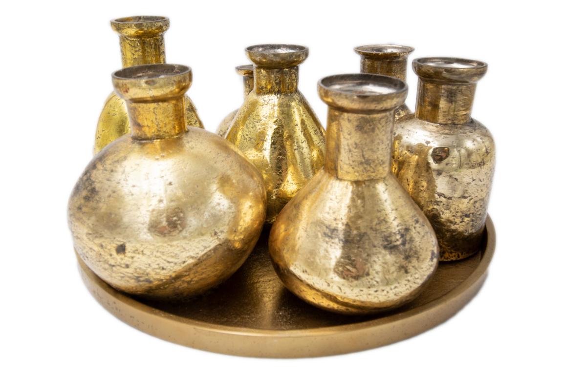 COLMORE Dekotablett mit 7 Vasen, Bronze/Goldoptik, 31x31x16