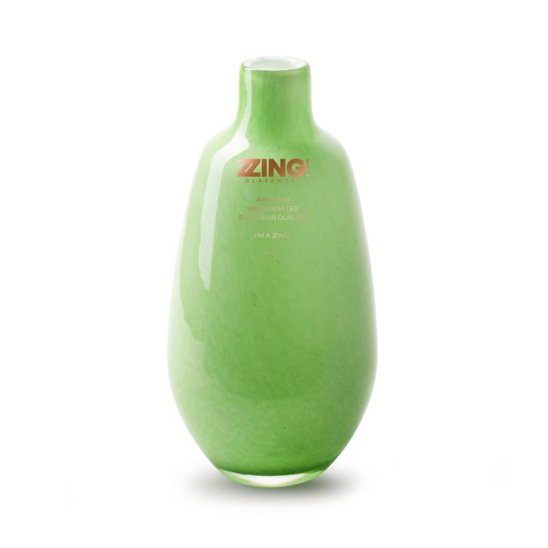 Vase, mittel, Bauchige Form, kleine Öffnung, Glas, grün, von Innen weiß, Handgefertigt, 18x9cm