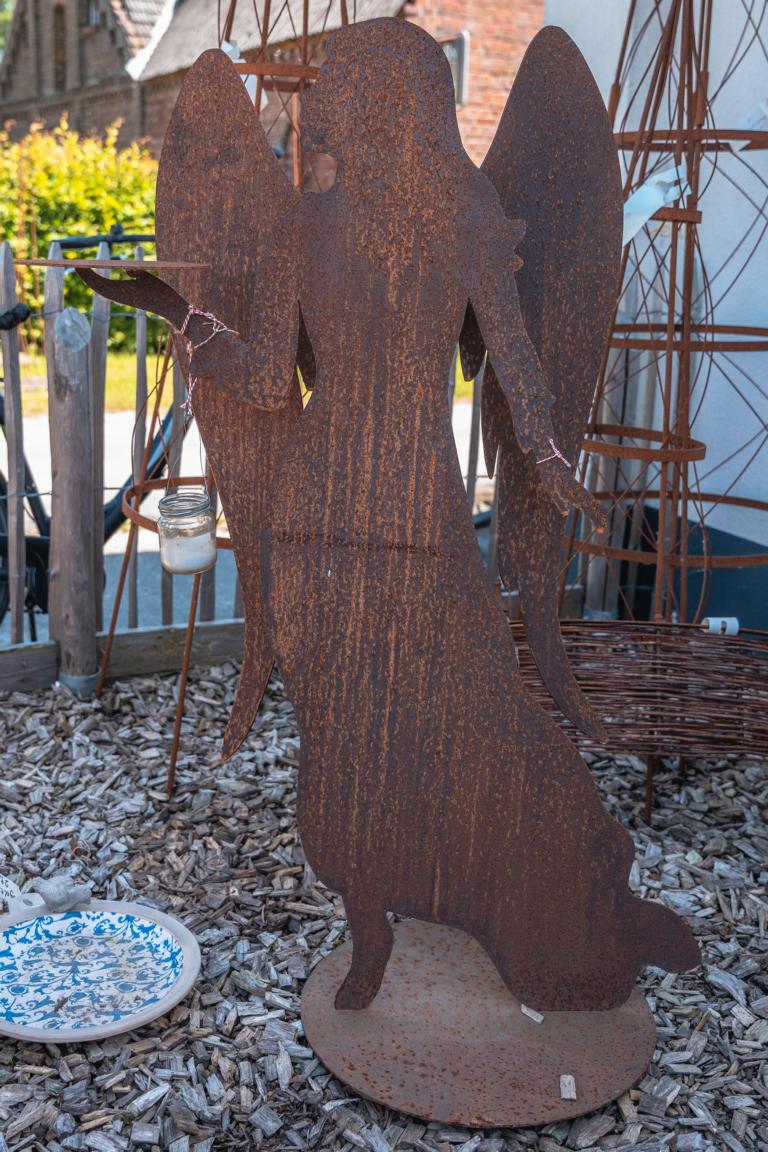 Engel mit Servierplatte, Edelrost, 3 mm Stahl,  H 120cm, Platte 16 cm