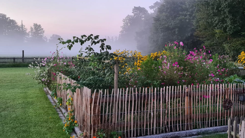 0412-1939 Staketenzaun Blumenbeeteinfassung im Nebel