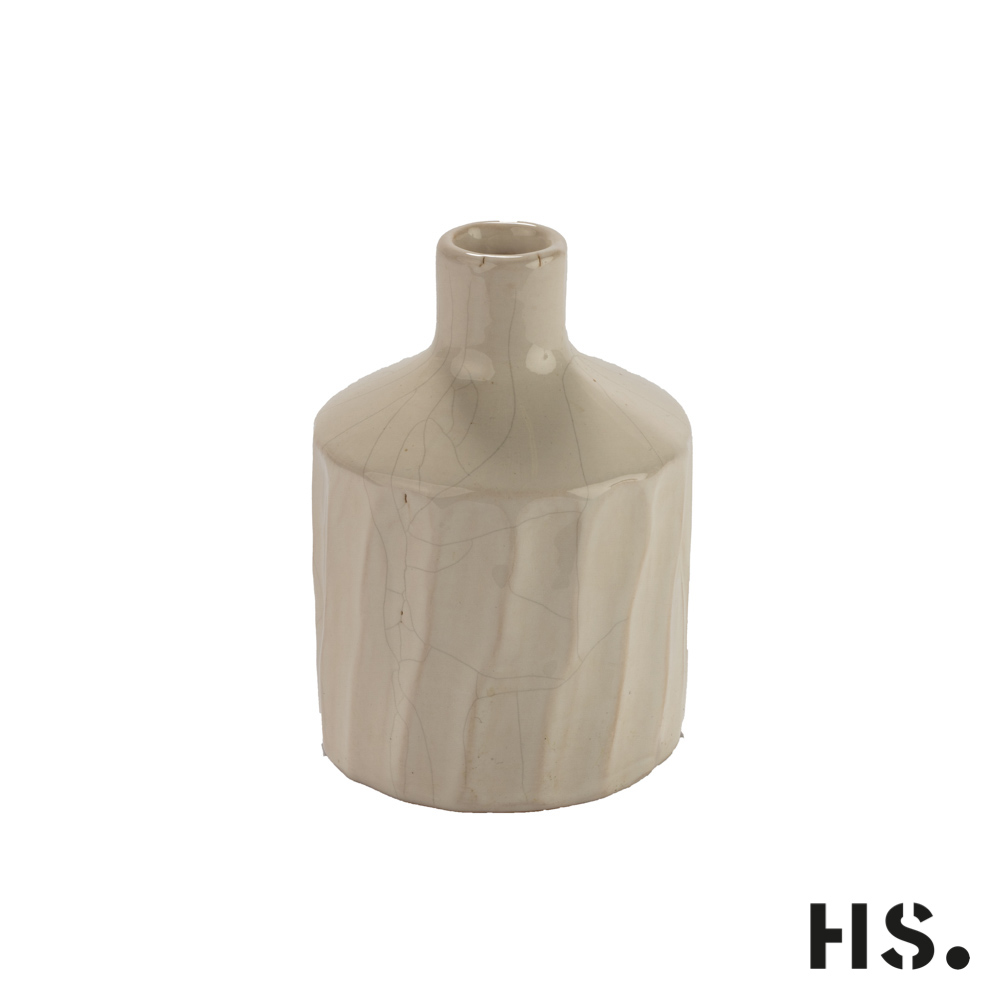 Vase aus Keramik flaschenförmig mit Rillenmuster, weiß lasiert antike Optik, klein 11 x11  x 18 cm