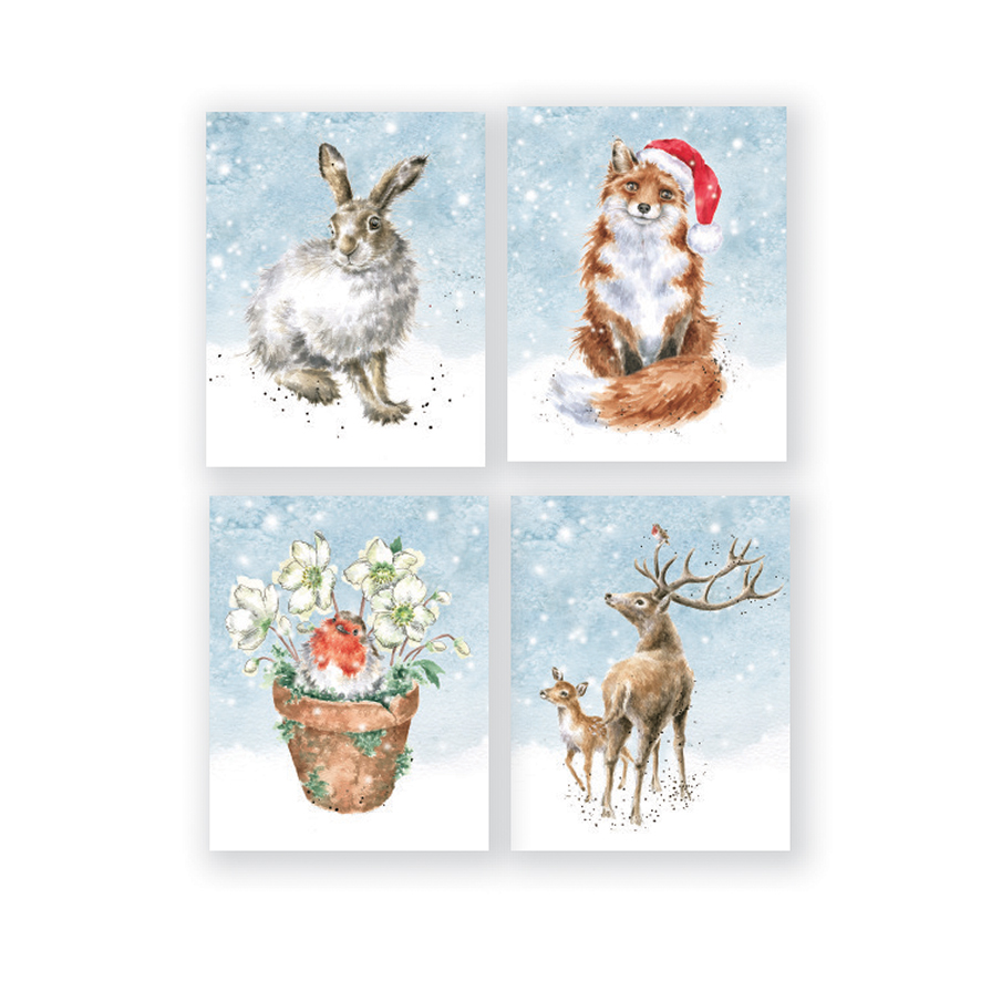 Wrendale weihnachtliches Mini-Karten Set, in Box, 16 Karten, 4 verschiedene Motive Hirsch/Rotkehlchen/Fuchs/Schneehase,