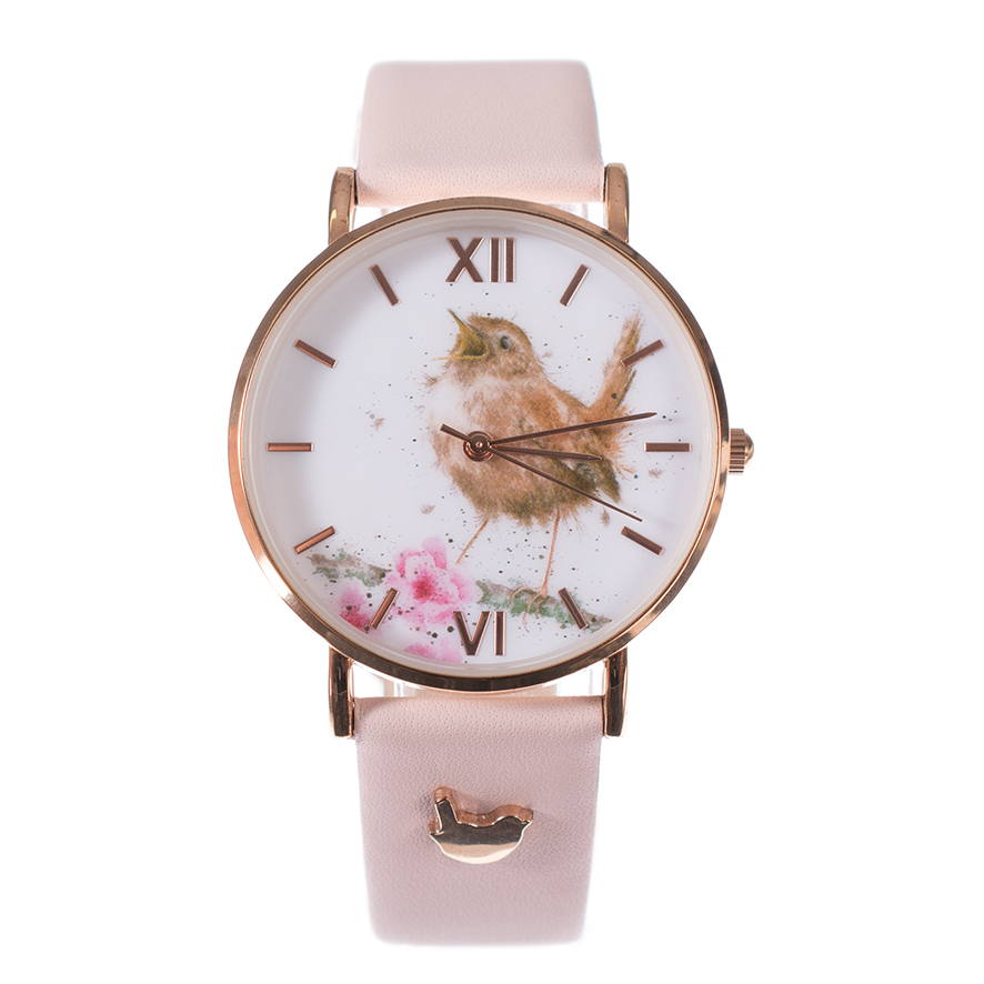 Wrendale Armbanduhr mit rosa Lederarmband, Motiv singendem Vogel, in Geschenkkarton