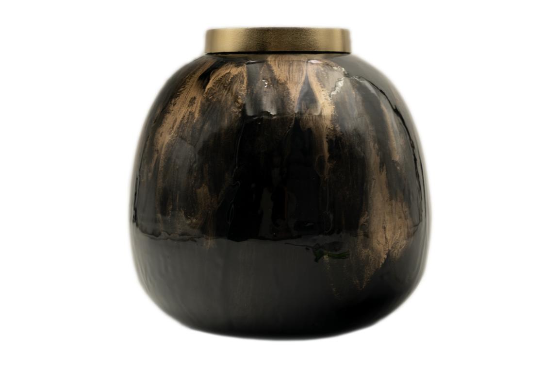 Colmore Vase, aus Glas, groß, bauchig, große Öffnung, schwarz/gold marmoriert, mit Goldrand, 23x22cm
