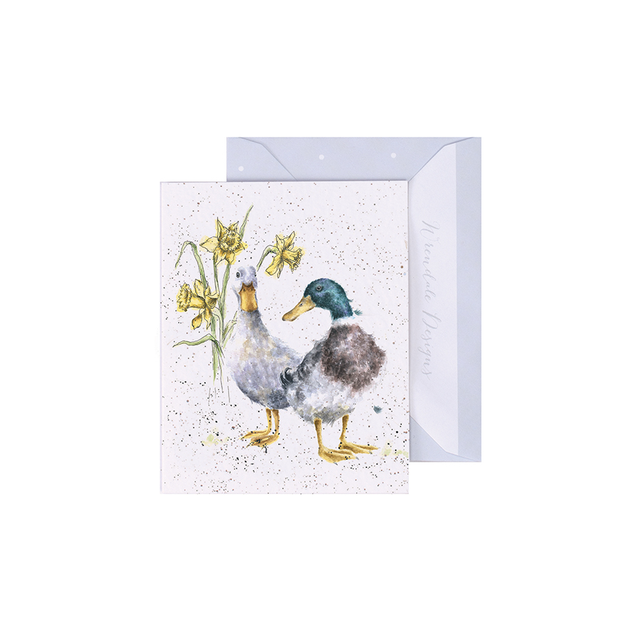Wrendale Mini-Karte mit Umschlag, Motiv Entenpaar und Blumen, Ducks and Daffs Gift