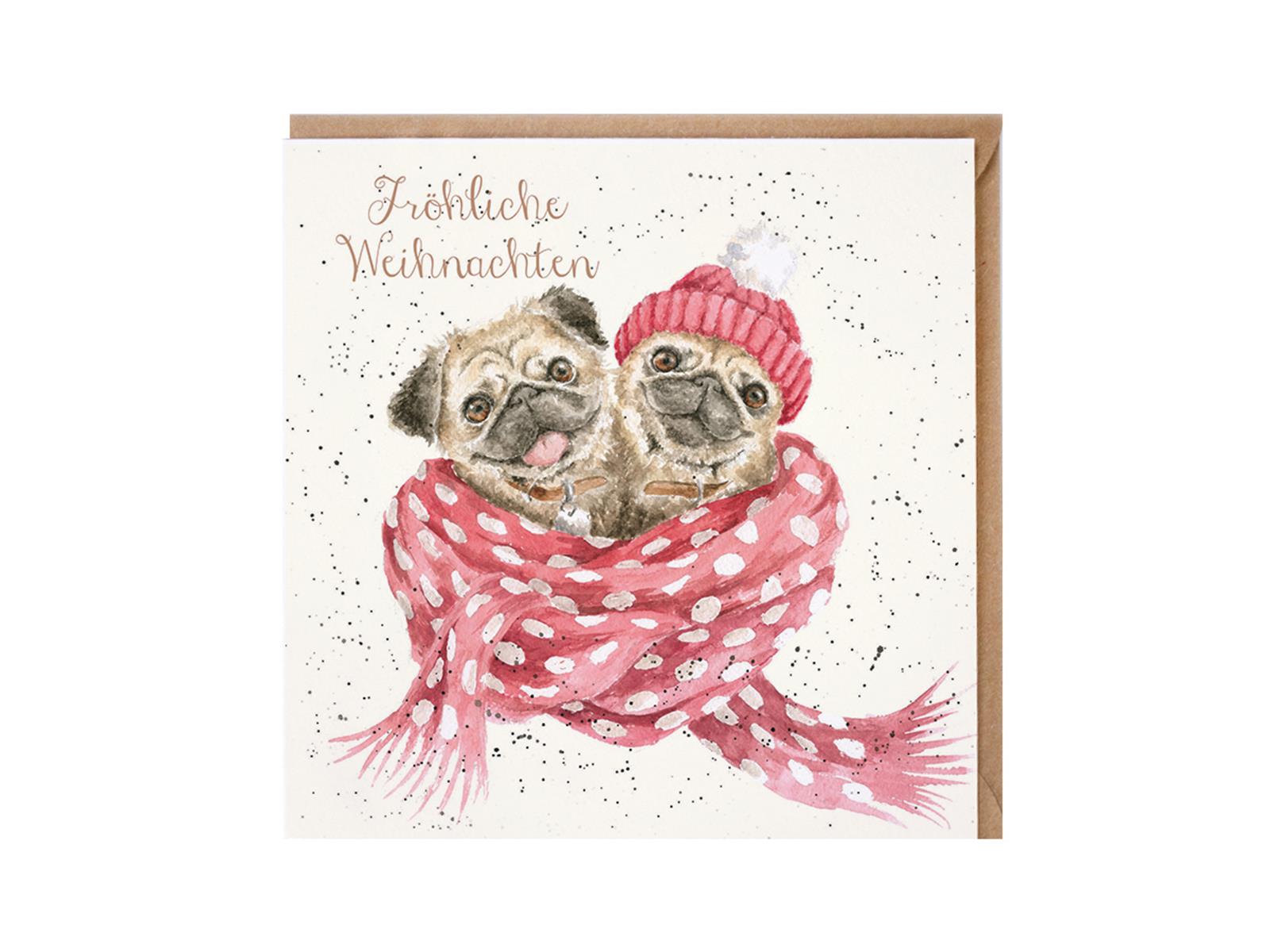 Wrendale Doppelkarte Weihnachten mit Umschlag, Fröhliche Weihnachten, Mopspaar kuschelt im Schal,15x15 cm