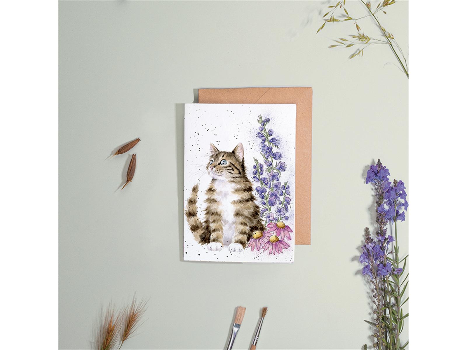 Wrendale Doppelkarte mit Umschlag, Motiv Katze neben Blumen, Whiskers and Wildflowers
