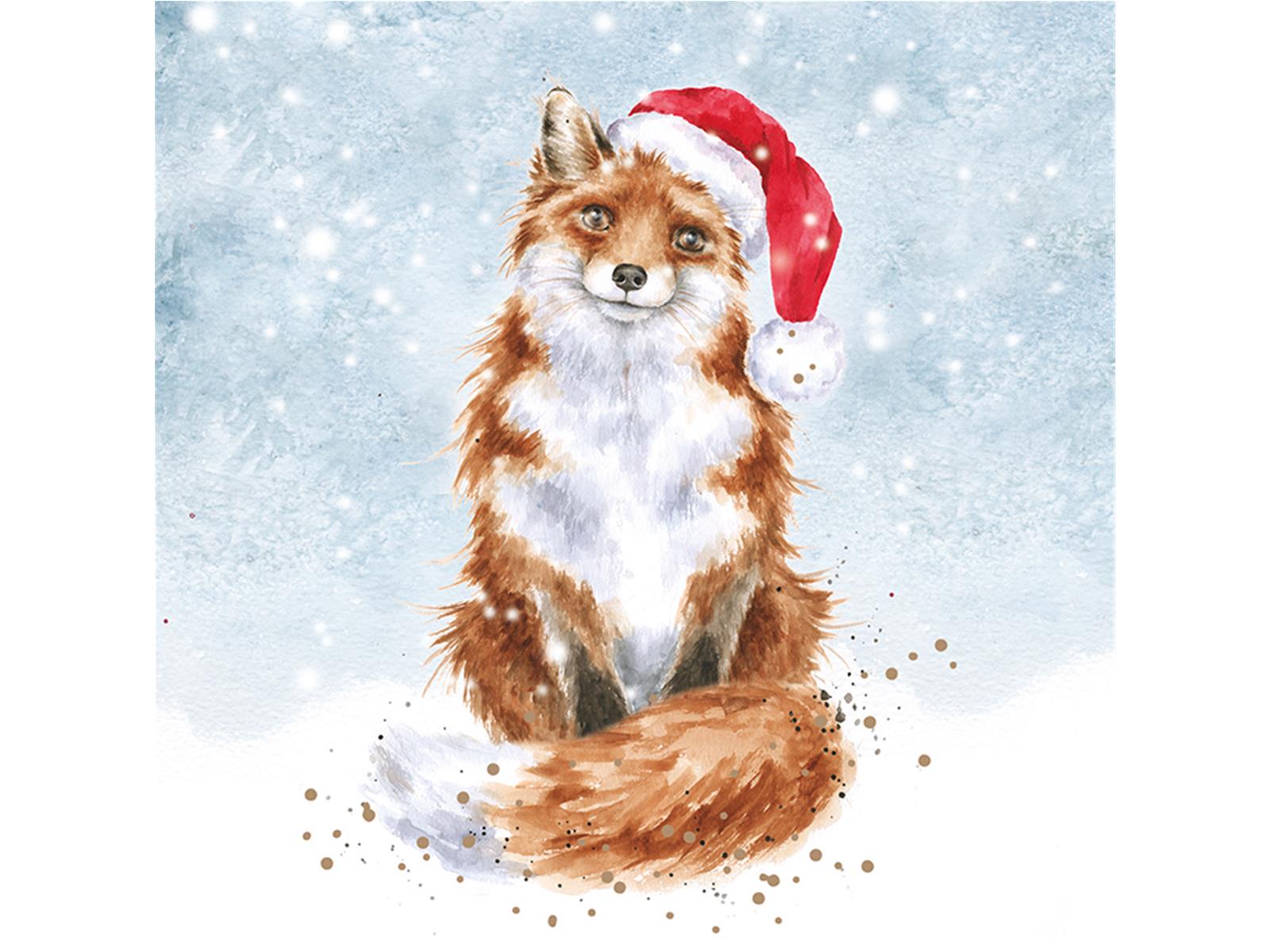 Wrendale Weihnachtskarten Set " Festive Fox", Fuchs mit Weihnachtsmütze, 8 Karten mit Umschlag und Text, 12x12 cm