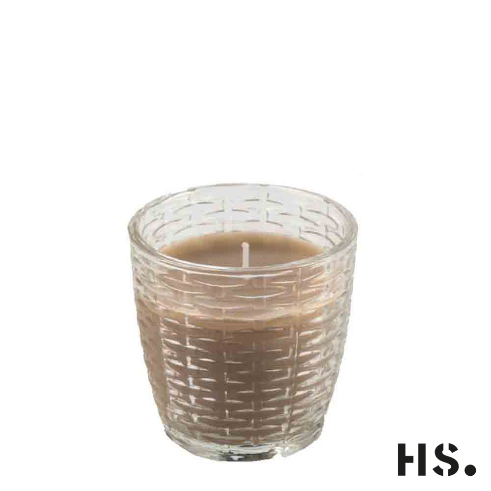 Kerze beige im Glas mit Musterung Brenndauer ca 16 Stunden, 7x7cm