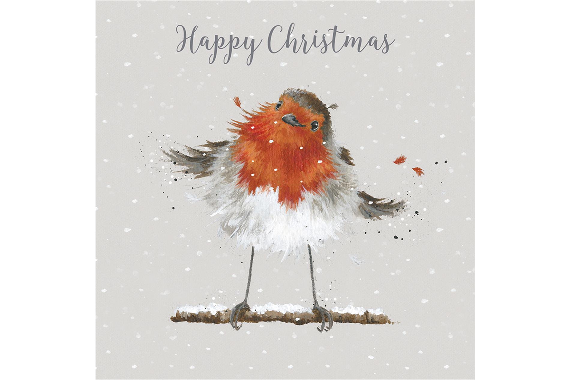 Wrendale Weihnachtskartenbox Happy Christmas, Motiv Rotkehlchen, 8 Karten mit Umschlag und Text, 15,5x15,5 cm