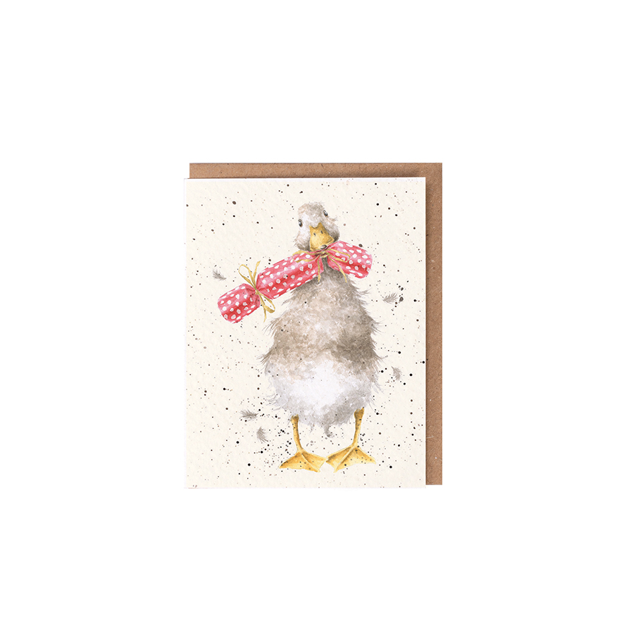 Wrendale Mini-Weihnachtskarte mit Umschlag, Motiv Ente mit Knallbonbon "Christmas Cracker"