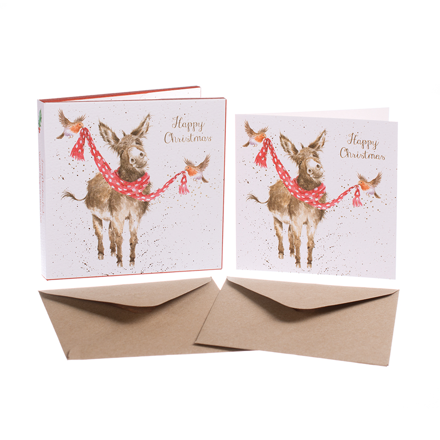 Wrendale Weihnachtskarten Set Happy Christmas, Motiv Esel & Rotkehlchen, 8 Karten mit Umschlag und Text, 12x12 cm