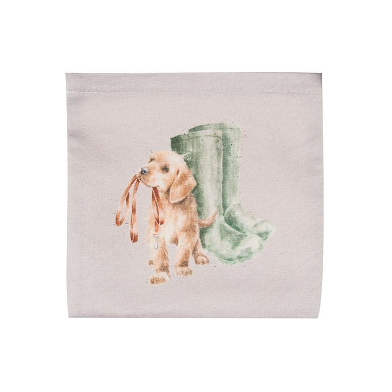 Wrendale Einkaufstasche, faltbar, Motiv Hund mit Leine, beige,  41x44cm