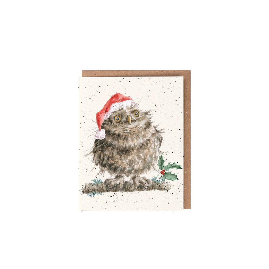 Wrendale Mini-Weihnachtskarte mit Umschlag, Motiv Eule mit Mütze "Christmas Owl"