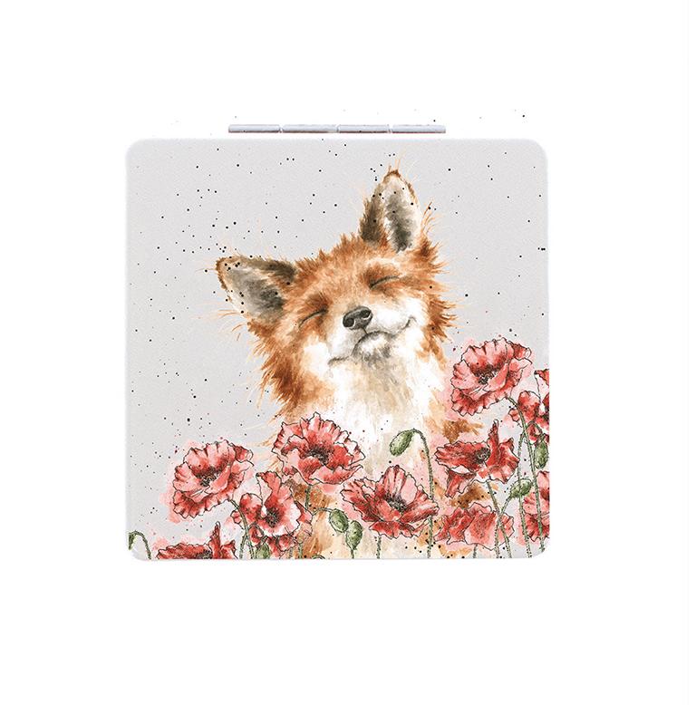 Wrendale Taschenspiegel zum klappen in Geschenkschachtel, Motiv Fuchs im Mohnblumenbeet, grau, 7x7cm