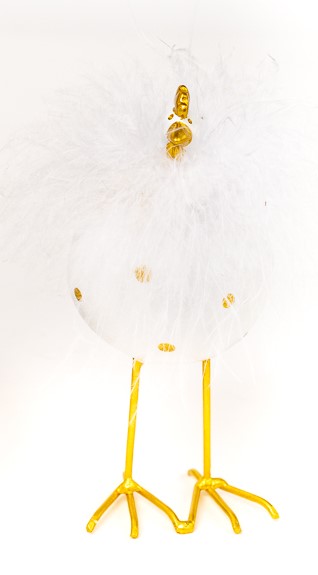 Kleines Huhn aus Gips mit Goldpunkten, goldene Drahtfüße ,Federn am Hals, 10x13 cm