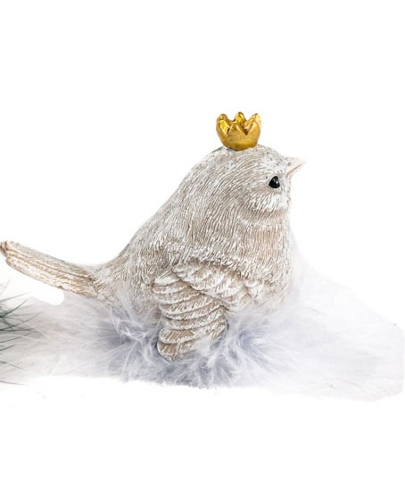 Kleiner Vogel mit Krone, hellgrau meliert ,sitzt im Federnest, 9x4,5x7 cm