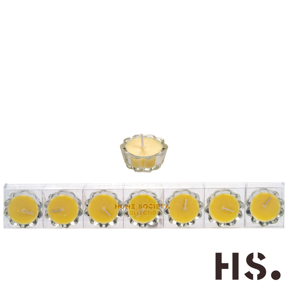 Teelichter, 7er Set, aus Glas, gelb, Brenndauer 8 h