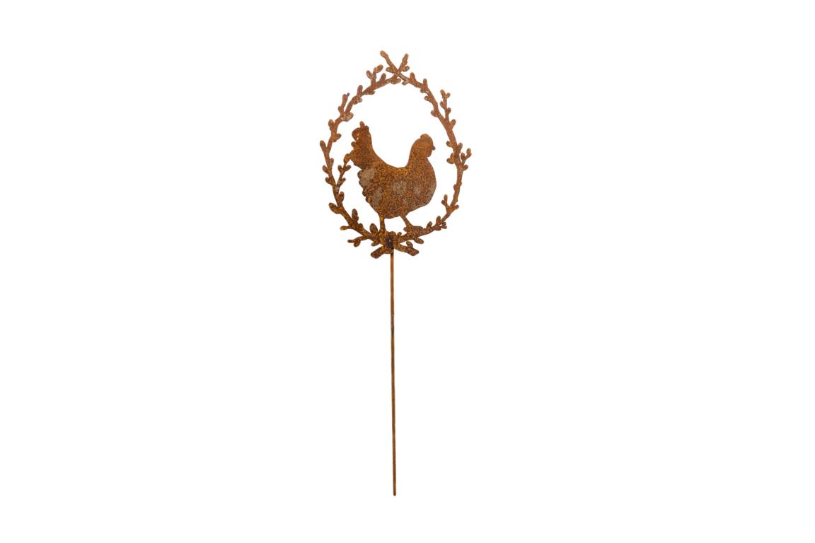 Huhn im Palmkätzchenkranz auf Stab, Edelrost, Rost, 20x18 cm