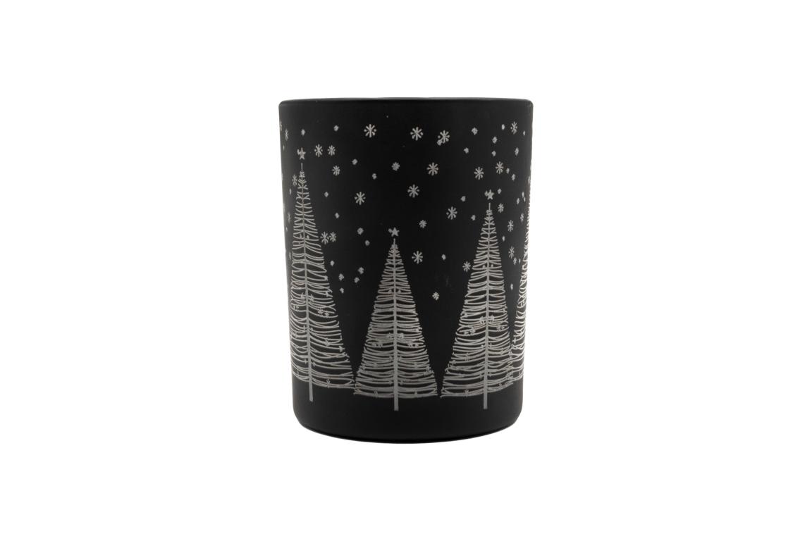 Teelichtglas, groß, schwarz mit weißen Tannen und Sternen, 10x12,5cm
