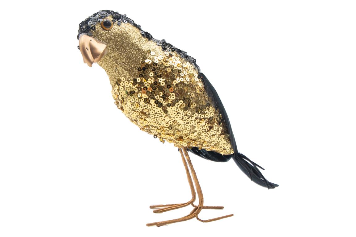 Colmore dekorativer Vogel , gold schwarz mit Pailetten, 22cm, polyfoam Kautschuk