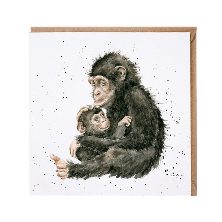Wrendale Doppelkarte mit Umschlag, Affe kuschelt mit Babyäffchen, Quadratisch, 15x15 cm