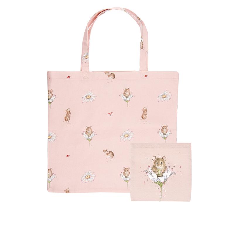 Wrendale Einkaufstasche, faltbar, Motiv Maus auf Gänseblümchen, rosa,  41x44cm