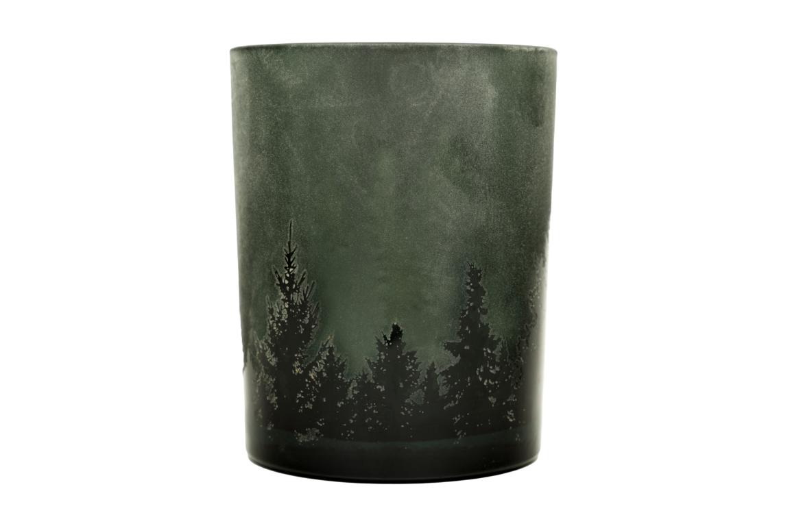 Colmore Teelichtglas mittel, grün/schwarz, Motiv Tannenlandschaft, 10x13cm