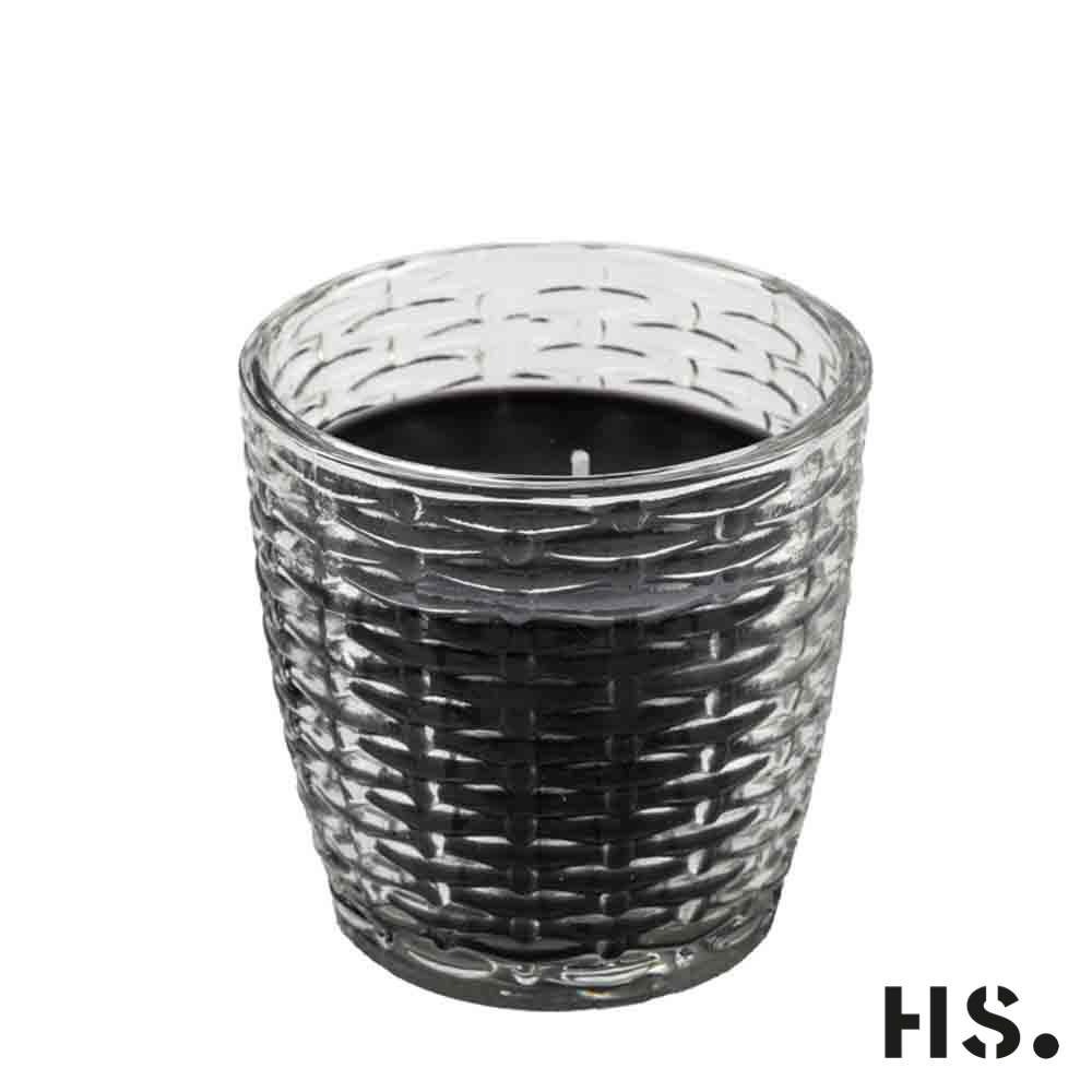 Kerze schwarz im Glas mit Musterung Brenndauer ca 36 Stunden, 9x9cm
