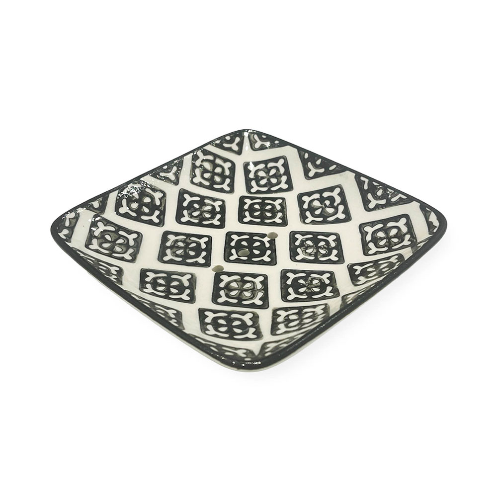 Seifenschale, Keramik, beige mit Muster, schwarz, 11,5 x 11,5cm