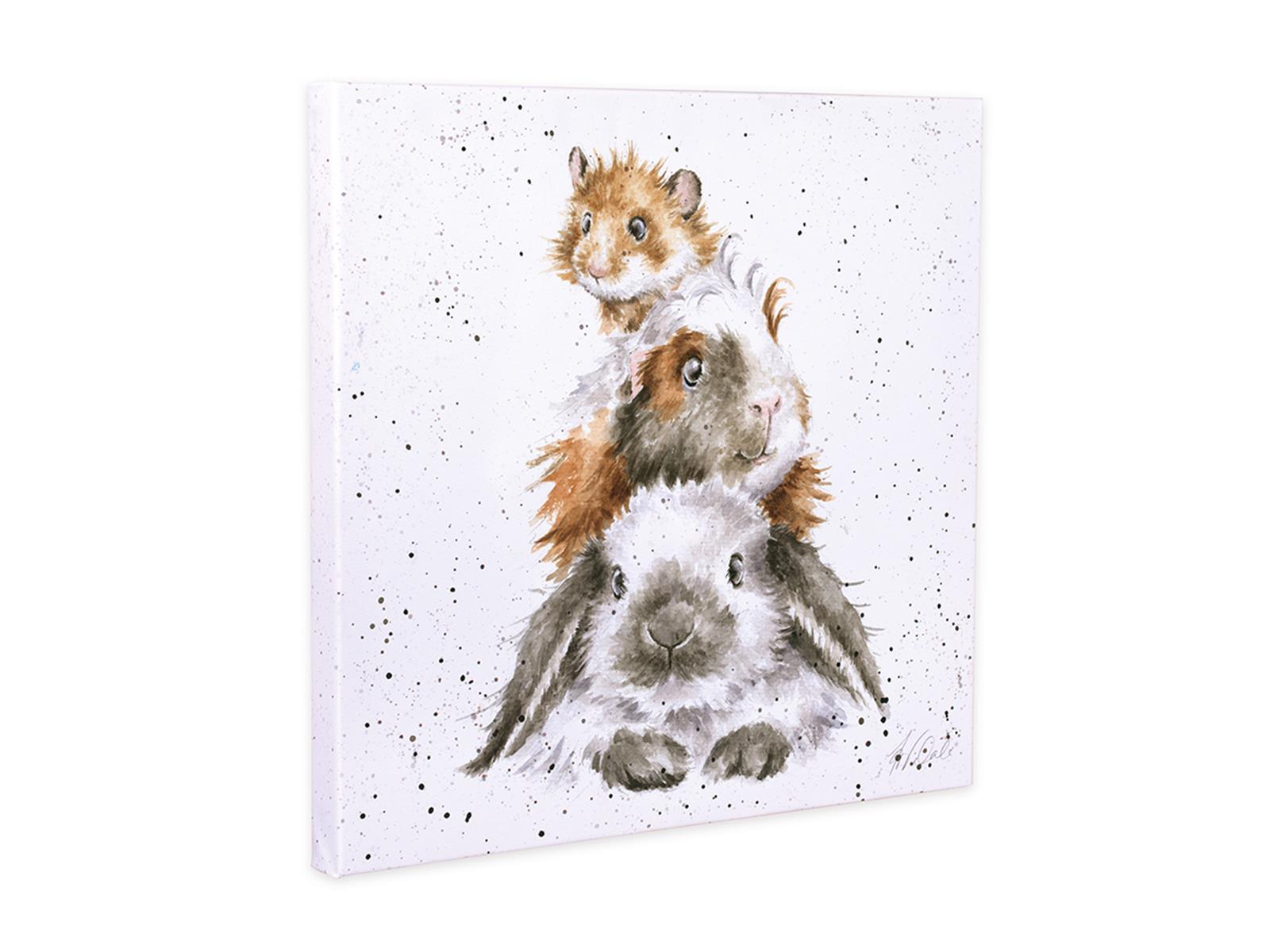 Wrendale Leinwand klein, Aufdruck Hase, Meerschweinchen und Hamster, "Piggy in the Middle",  20x20 cm