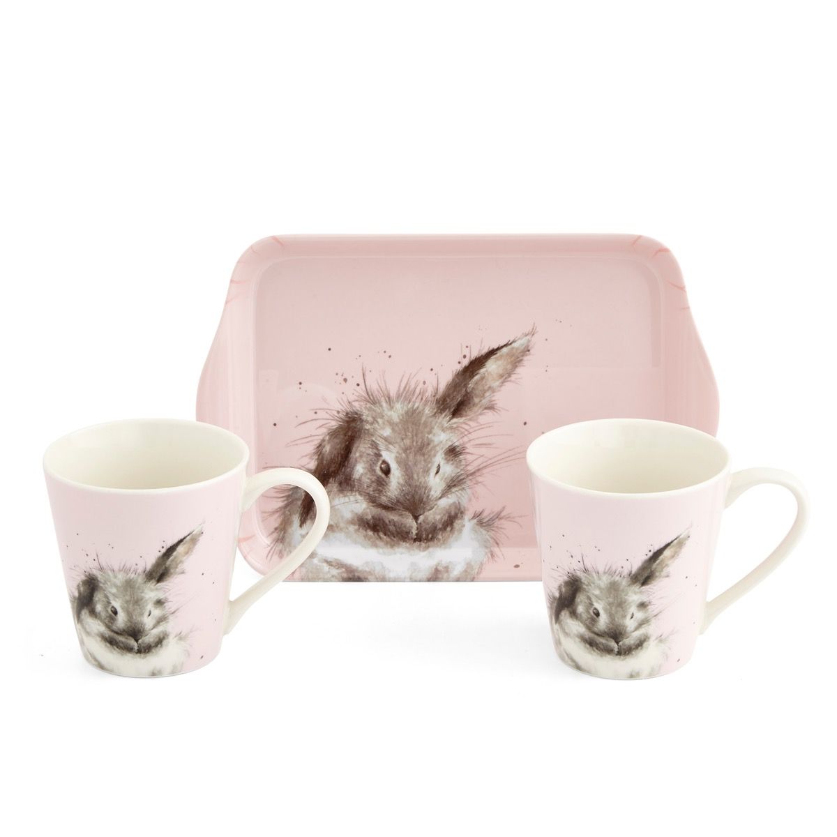 Wrendale Geschenkset, 2 Kaffeetassen mit Tablett rosa, Motiv Hase putzt sich, Tassen 0,18L, 22x10cm ,