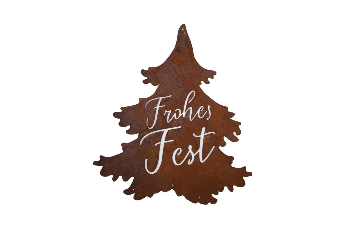 Weihnachtsbaum zum Hängen "Frohes Fest", Edelrost 45x40cm