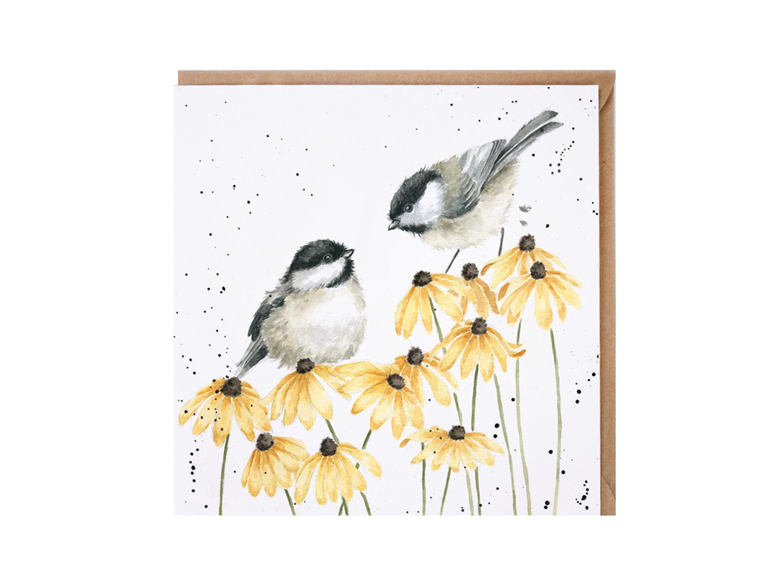 Wrendale Doppelkarte Sweet Chickadee  mit Umschlag, Meisen auf gelben Blumen, Quadratisch, 15x15 cm