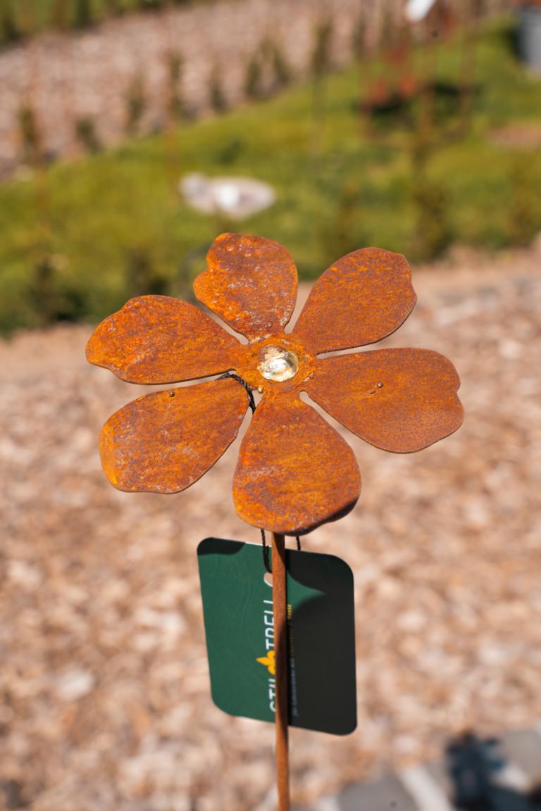 Blume "Blütentraum", Edelrost, Blüte mit Goldpunkt, D ca.10cm, an dünnem Stab, Stab 80cm,