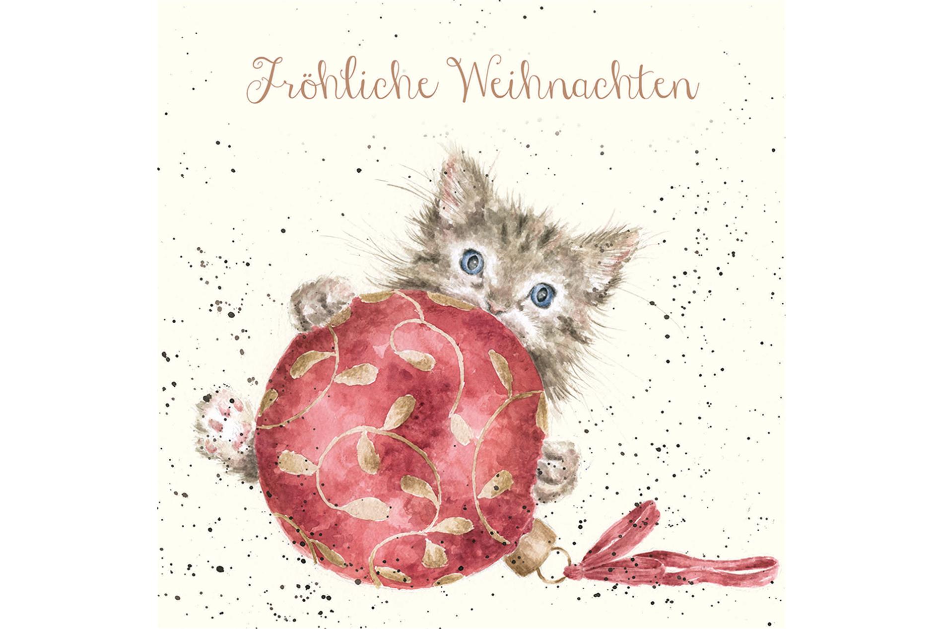 Wrendale Doppelkarte Weihnachten mit Umschlag, Fröhliche Weihnachten,  Motiv Katze "Christmas Baubles"