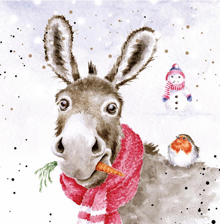 Wrendale Weihnachtskarten Set Merry Christmas, Motiv Esel und Rotkehlchen "Muletide Greetings"