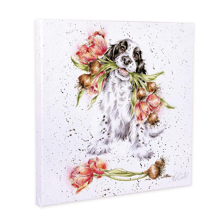 Wrendale Leinwand klein, Aufdruck Hund mit Tulpen, "Blooming with Love", 20x20 cm
