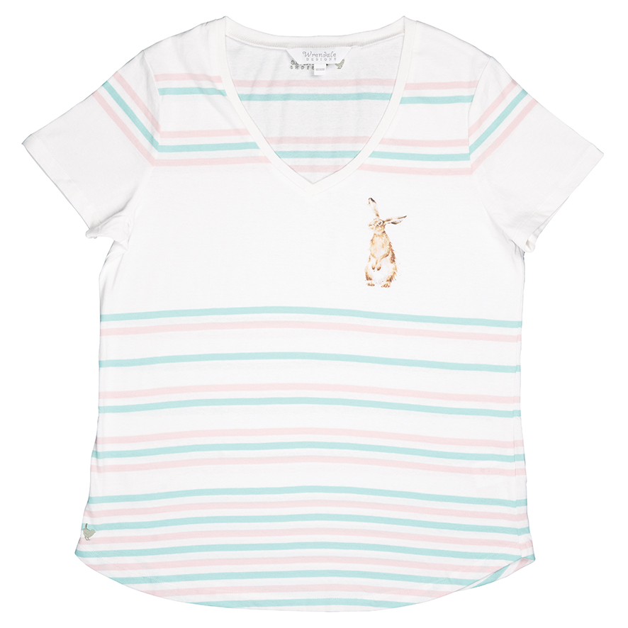 Wrendale T-Shirt, weiß mit Streifen in mint und rosa, Motiv Hase macht Männchen, verschiedene Größen