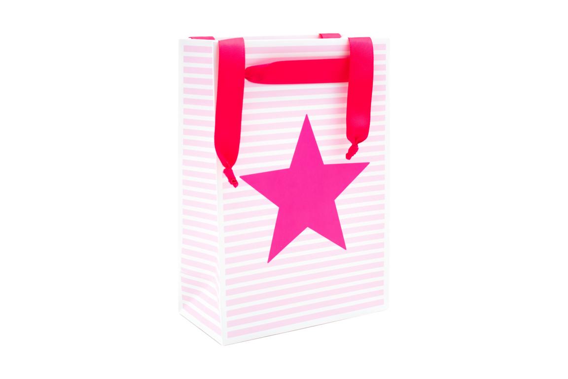 Geschenktüte, weiß rosa gestreift mit pinkem Stern, H 20x B 16 cm