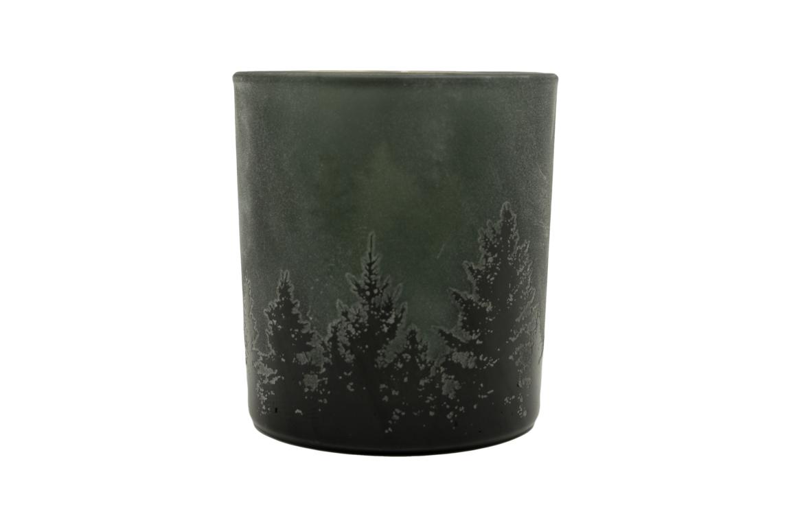 Colmore Teelichtglas klein, grün/schwarz, Motiv Tannenlandschaft, 7x8cm