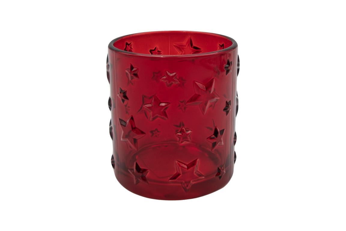 Teelichtglas mit Sternen, rot, 7x8cm