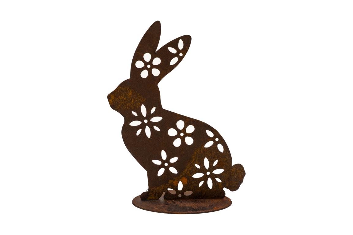 Hase seitlich sitzend, mit Blumenausschnitten, Edelrost, 26x20cm